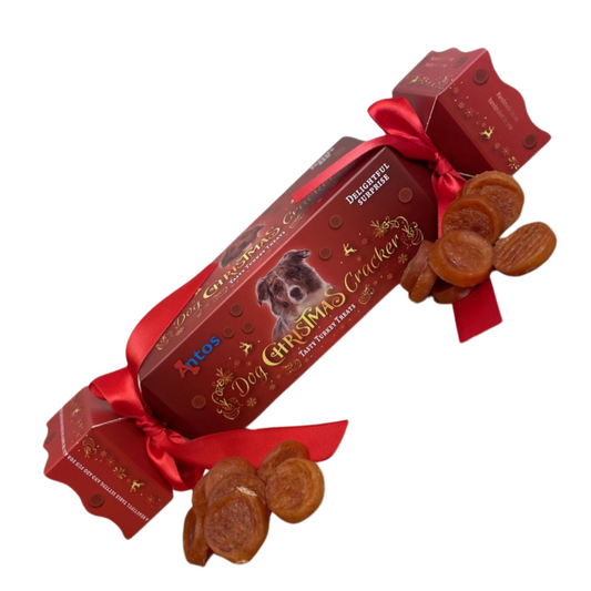 Christmas Cracker Full of Turkey Dog Treats, Decorated With Red Bows & Without The Frightening Bang